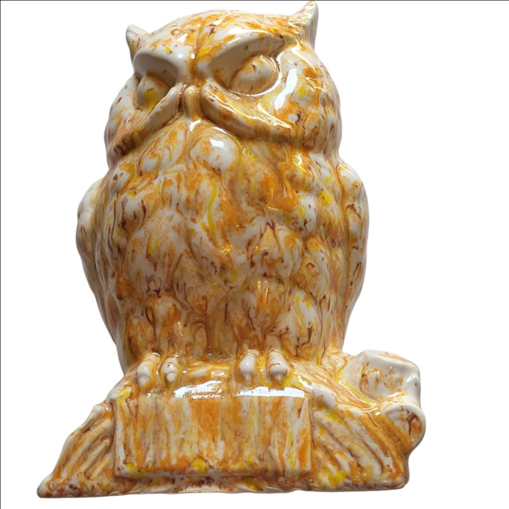 Owl Bank in Orange and Brown Chalkware